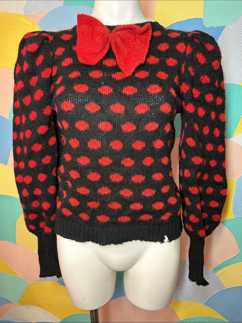 Vintage Black & Red Polka Dot Bow Sweater - Women sz s